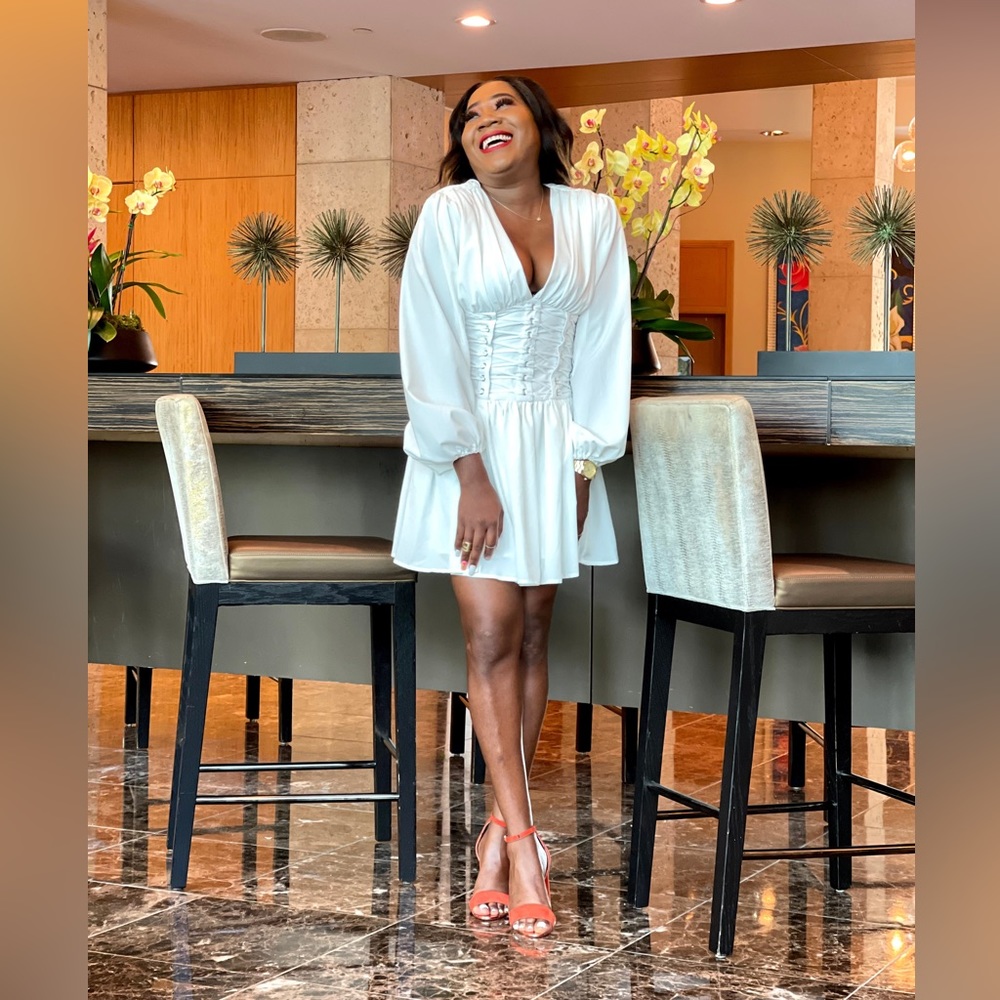Plunge Neck long sleeve white corset dress